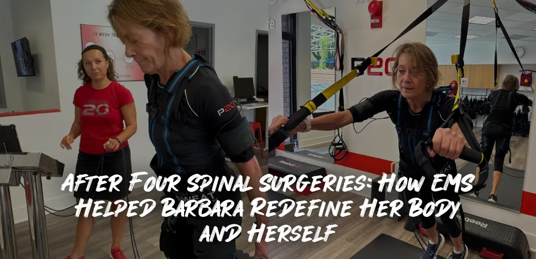 Barbara doing EMS training with TRX straps at P20 after recovering from four spinal surgeries