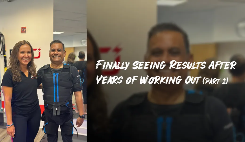 Harisha in an EMS suit with his P20 trainer, finally seeing results after years of working out
