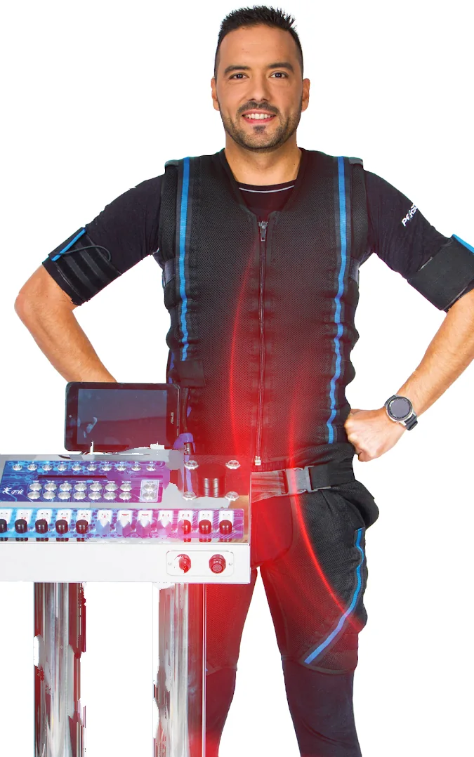 P20 trainer in an EMS suit standing beside the EMS control unit